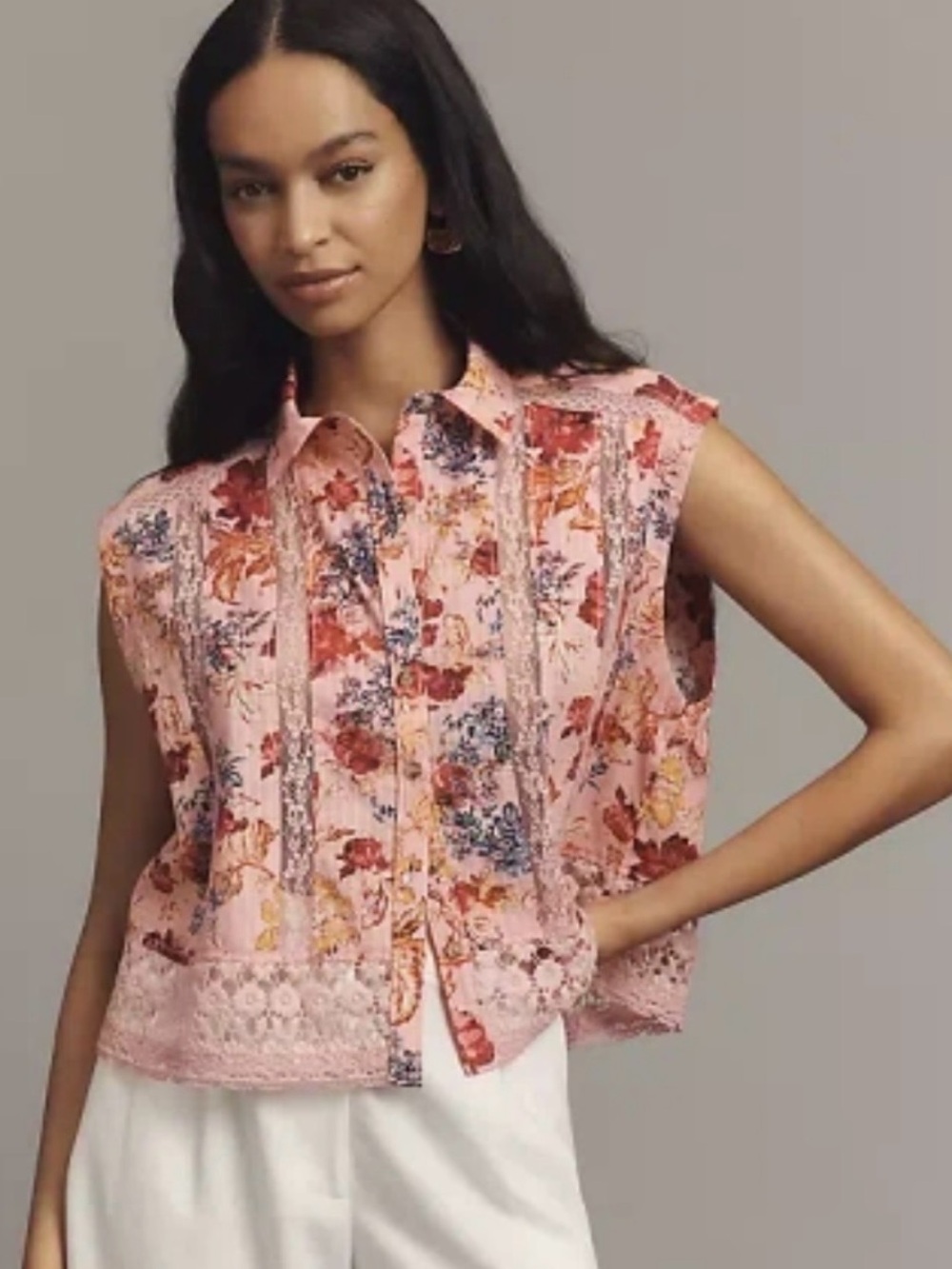 Pilcro-Anthropologie Pink Floral Lace-Trim Sleeveless Button Front Blouse, XS